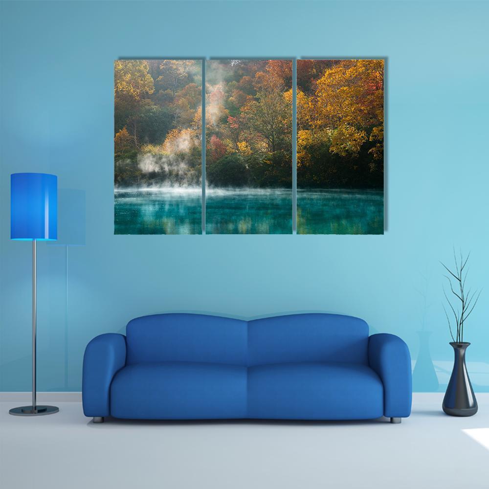Autumn Forest Onsen Lake Japan Canvas Wall Art-3 Horizontal-Gallery Wrap-37" x 24"-Tiaracle