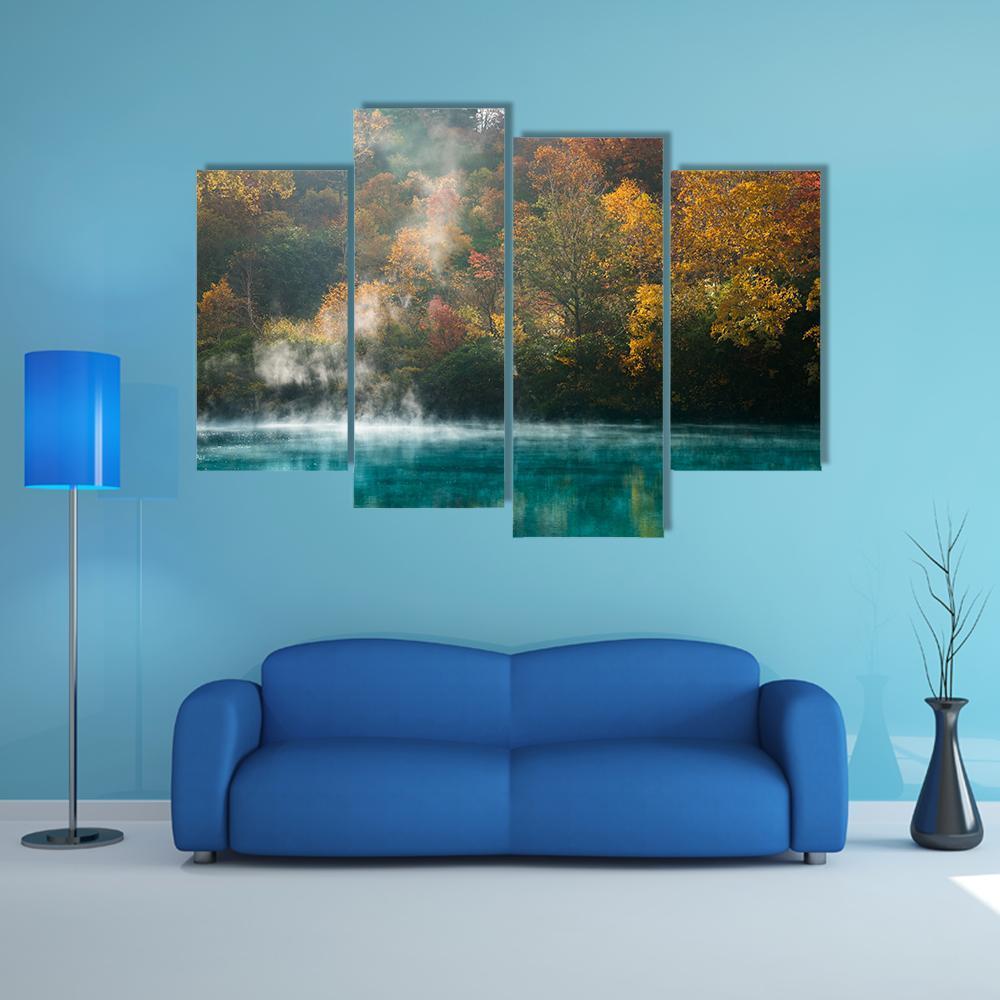 Autumn Forest Onsen Lake Japan Canvas Wall Art-4 Pop-Gallery Wrap-50" x 32"-Tiaracle