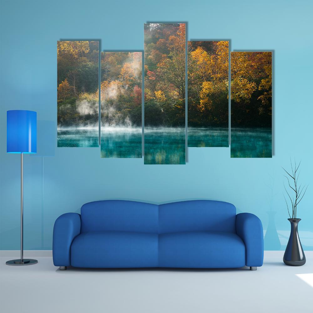 Autumn Forest Onsen Lake Japan Canvas Wall Art-5 Pop-Gallery Wrap-47" x 32"-Tiaracle