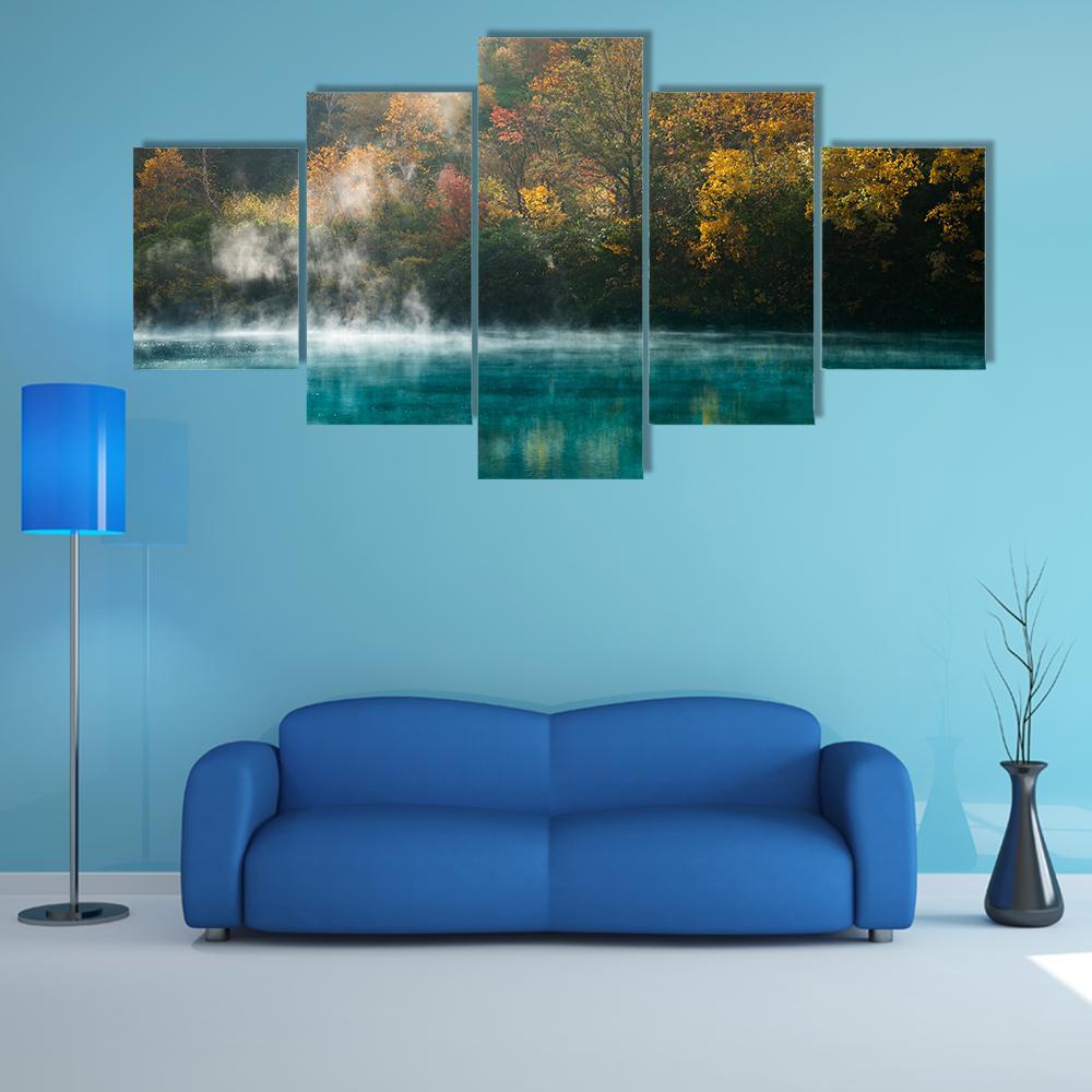 Autumn Forest Onsen Lake Japan Canvas Wall Art-5 Star-Gallery Wrap-62" x 32"-Tiaracle