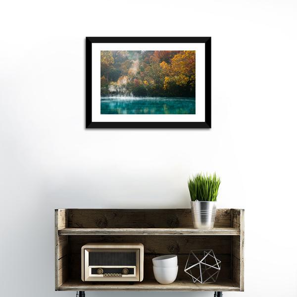 Autumn Forest Onsen Lake Japan Canvas Wall Art-1 Piece-Framed Print-20" x 16"-Tiaracle