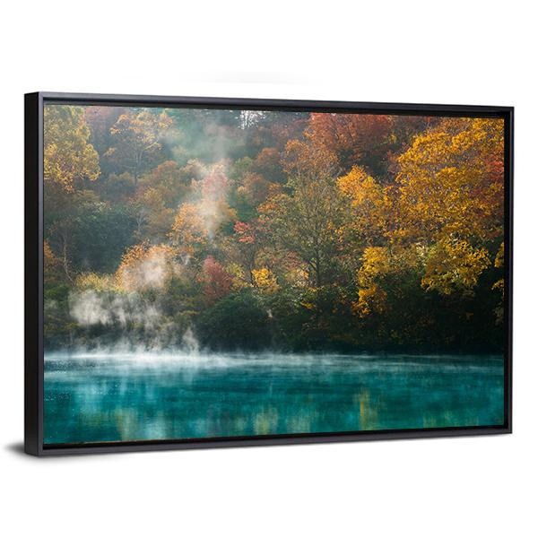 Autumn Forest Onsen Lake Japan Canvas Wall Art-3 Horizontal-Gallery Wrap-25" x 16"-Tiaracle