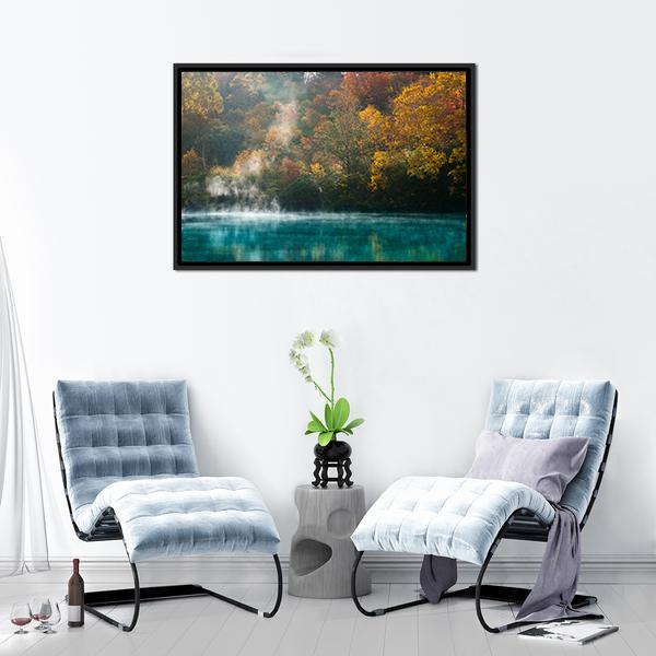 Autumn Forest Onsen Lake Japan Canvas Wall Art-3 Horizontal-Gallery Wrap-25" x 16"-Tiaracle