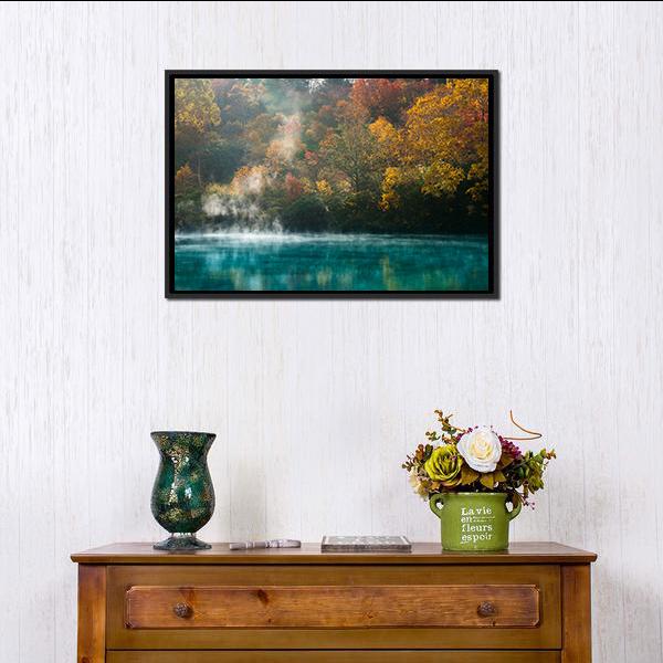 Autumn Forest Onsen Lake Japan Canvas Wall Art-1 Piece-Floating Frame-24" x 16"-Tiaracle