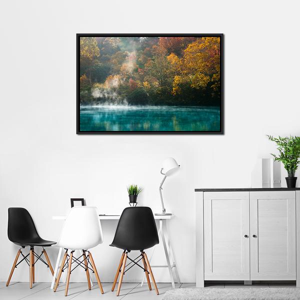 Autumn Forest Onsen Lake Japan Canvas Wall Art-3 Horizontal-Gallery Wrap-25" x 16"-Tiaracle
