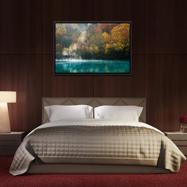 Autumn Forest Onsen Lake Japan Canvas Wall Art-3 Horizontal-Gallery Wrap-25" x 16"-Tiaracle