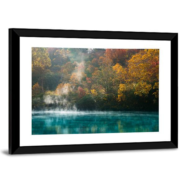 Autumn Forest Onsen Lake Japan Canvas Wall Art-3 Horizontal-Gallery Wrap-25" x 16"-Tiaracle