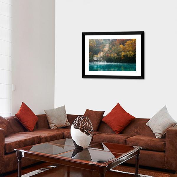 Autumn Forest Onsen Lake Japan Canvas Wall Art-3 Horizontal-Gallery Wrap-25" x 16"-Tiaracle