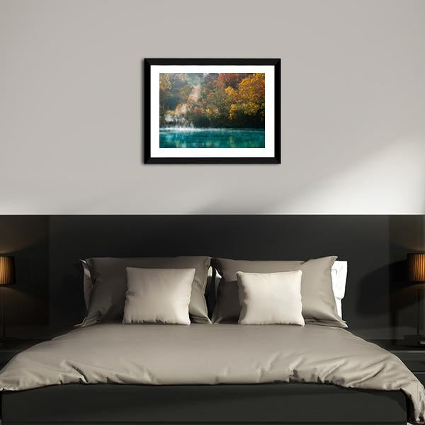 Autumn Forest Onsen Lake Japan Canvas Wall Art-3 Horizontal-Gallery Wrap-25" x 16"-Tiaracle