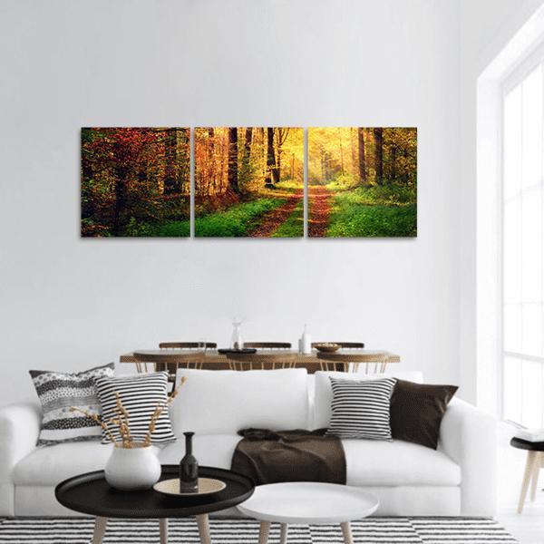 Sunlit Autumn Forest Pathway Panoramic Canvas Wall Art in orange, yellow and green, hung on a wall