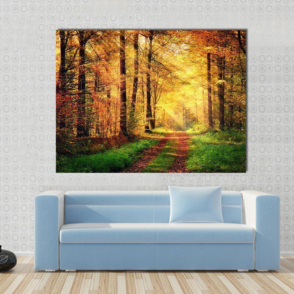 Autumn Forest Pathway Canvas Wall Art-3 Horizontal-Gallery Wrap-37" x 24"-Tiaracle