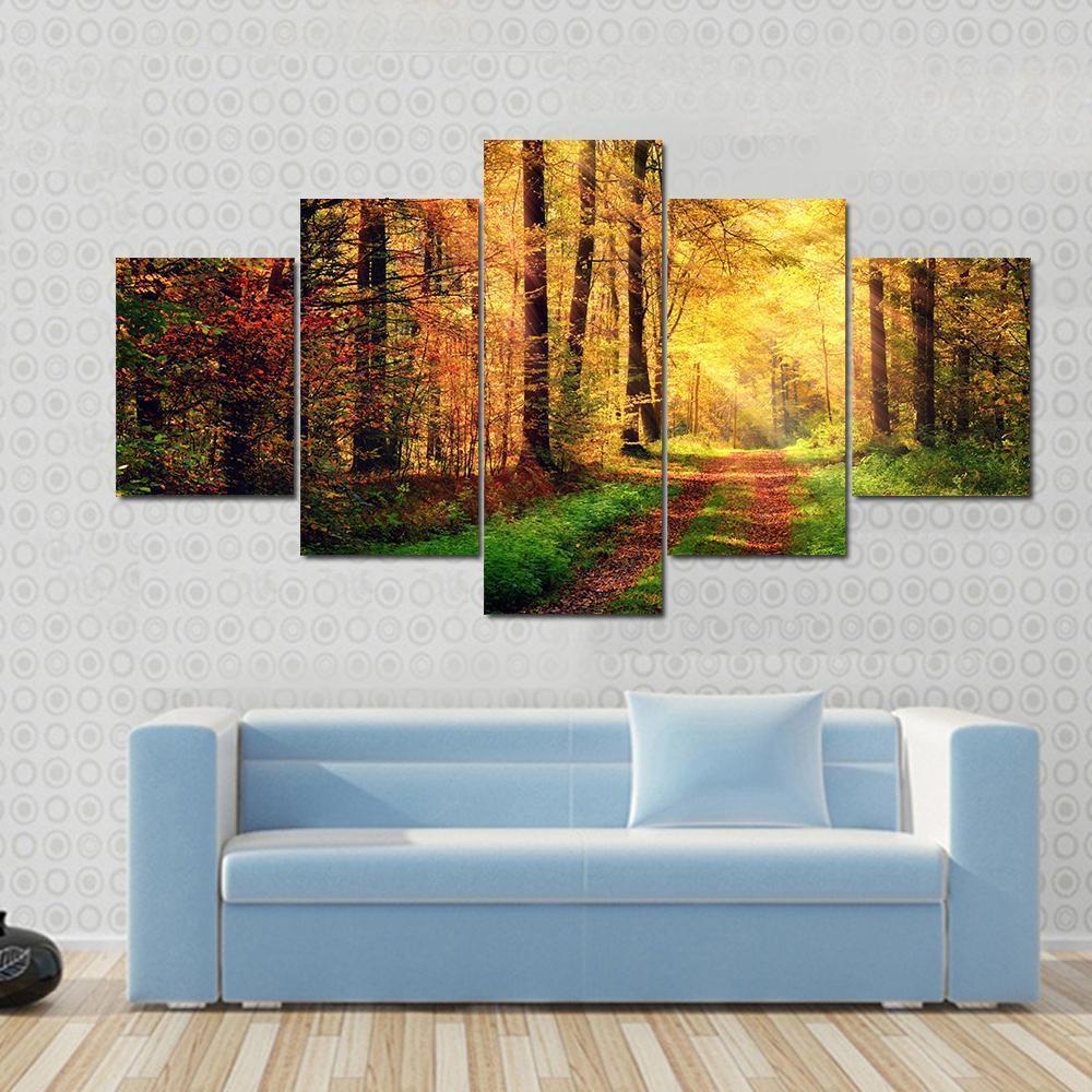 Autumn Forest Pathway Canvas Wall Art-5 Star-Gallery Wrap-62" x 32"-Tiaracle