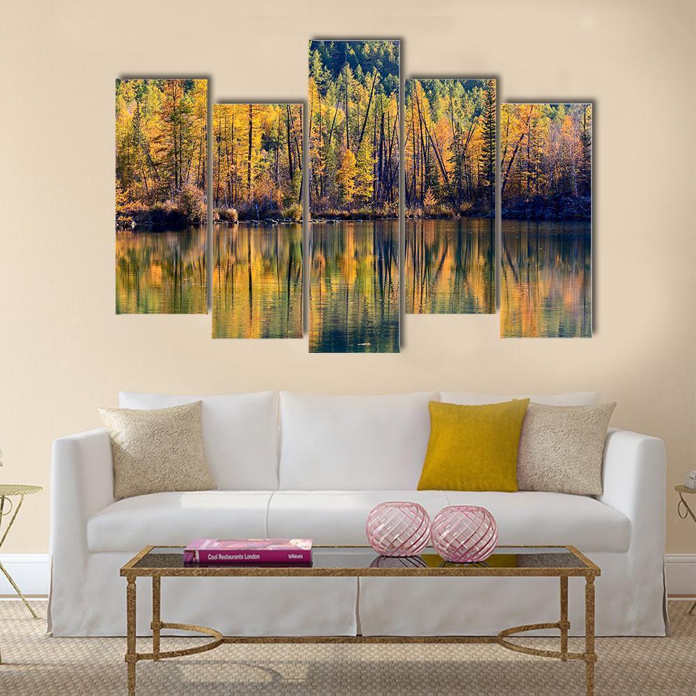 Autumn Forest Reflected In Lake Canvas Wall Art-5 Pop-Gallery Wrap-47" x 32"-Tiaracle