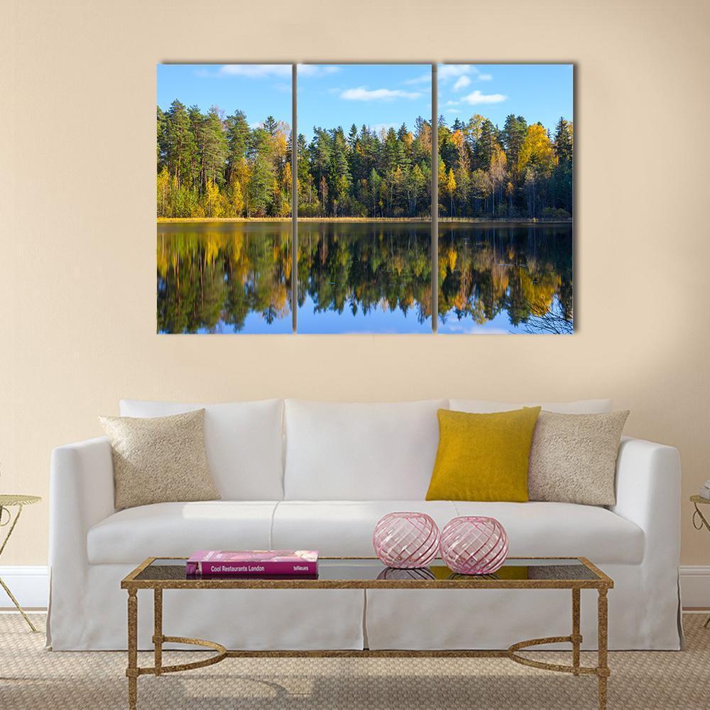 Autumn Forest Reflection In Pond Canvas Wall Art-5 Star-Gallery Wrap-62" x 32"-Tiaracle