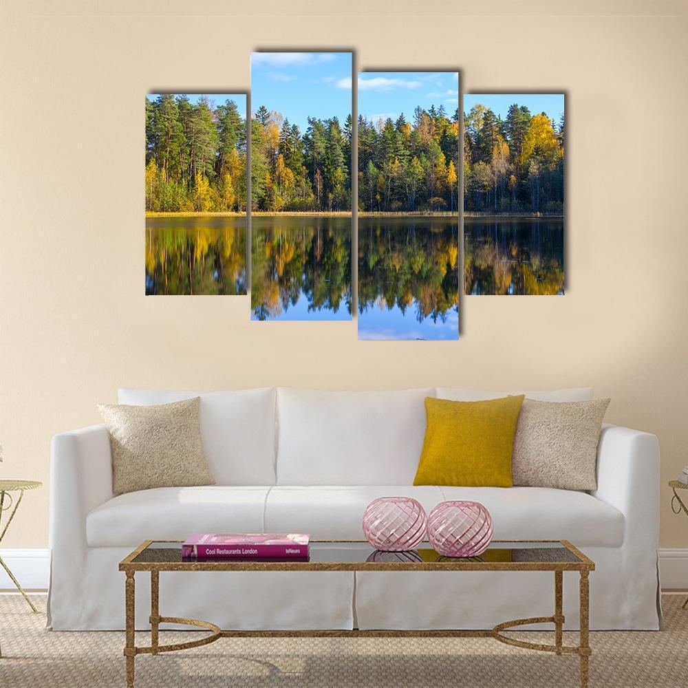 Autumn Forest Reflection In Pond Canvas Wall Art-4 Pop-Gallery Wrap-50" x 32"-Tiaracle
