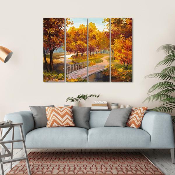 Autumn Forest &amp; Bridge Canvas Wall Art-4 Horizontal-Gallery Wrap-34" x 24"-Tiaracle