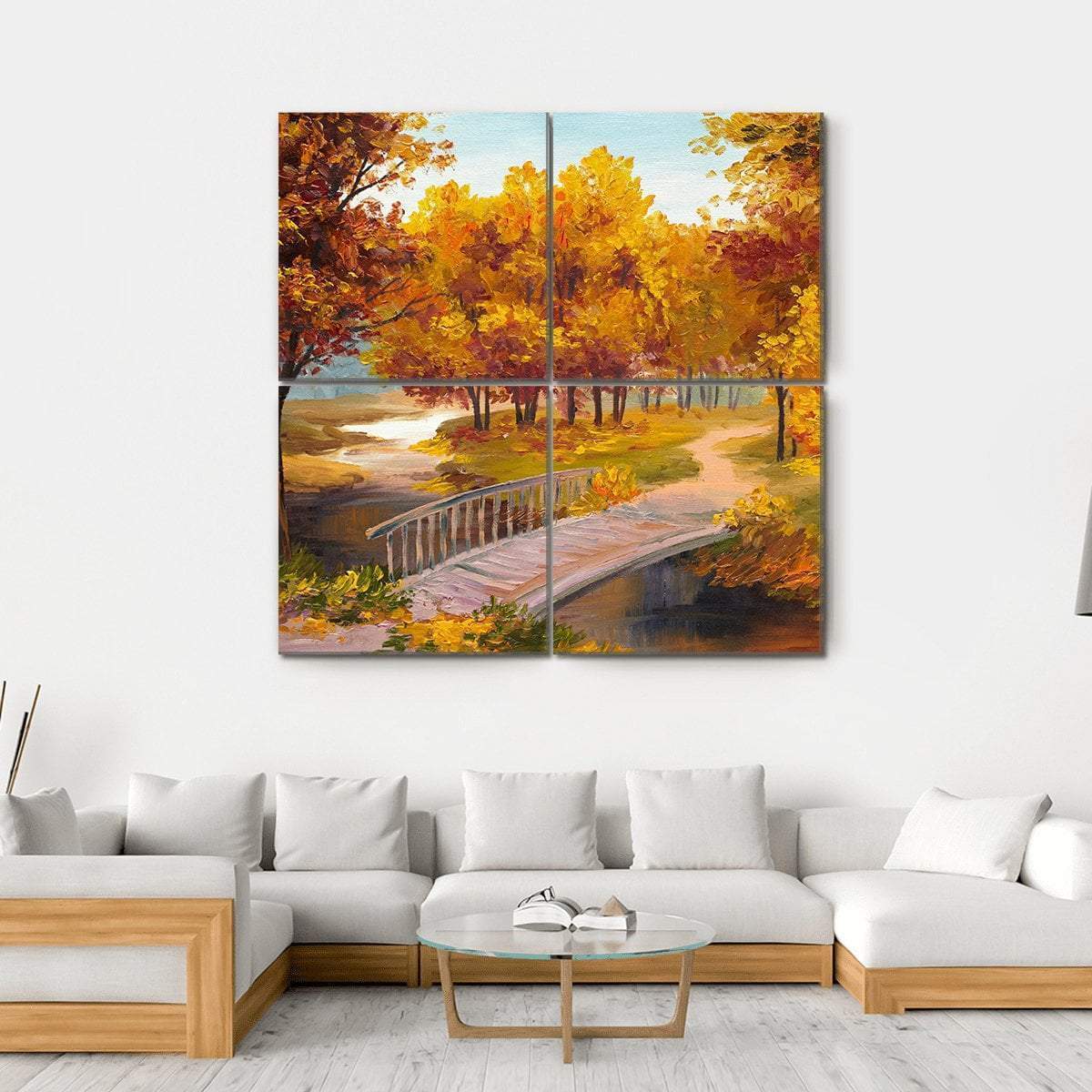 Autumn Forest &amp; Bridge Canvas Wall Art-4 Square-Gallery Wrap-17" x 17"-Tiaracle