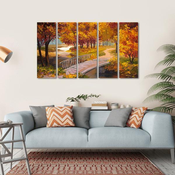 Autumn Forest & Bridge Canvas Wall Art-5 Horizontal-Gallery Wrap-22" x 12"-Tiaracle