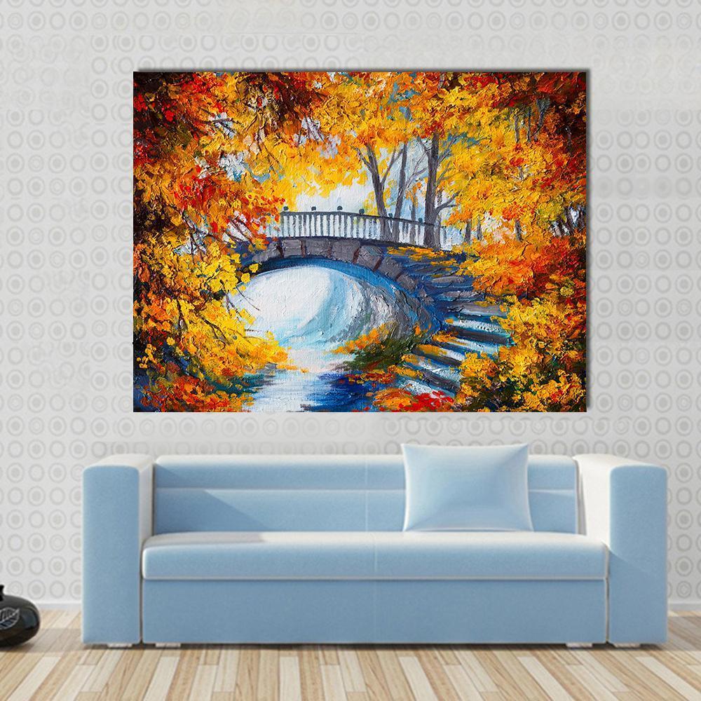 Autumn Forest With Bridge Canvas Wall Art-1 Piece-Gallery Wrap-48&quot; x 32&quot;-Tiaracle