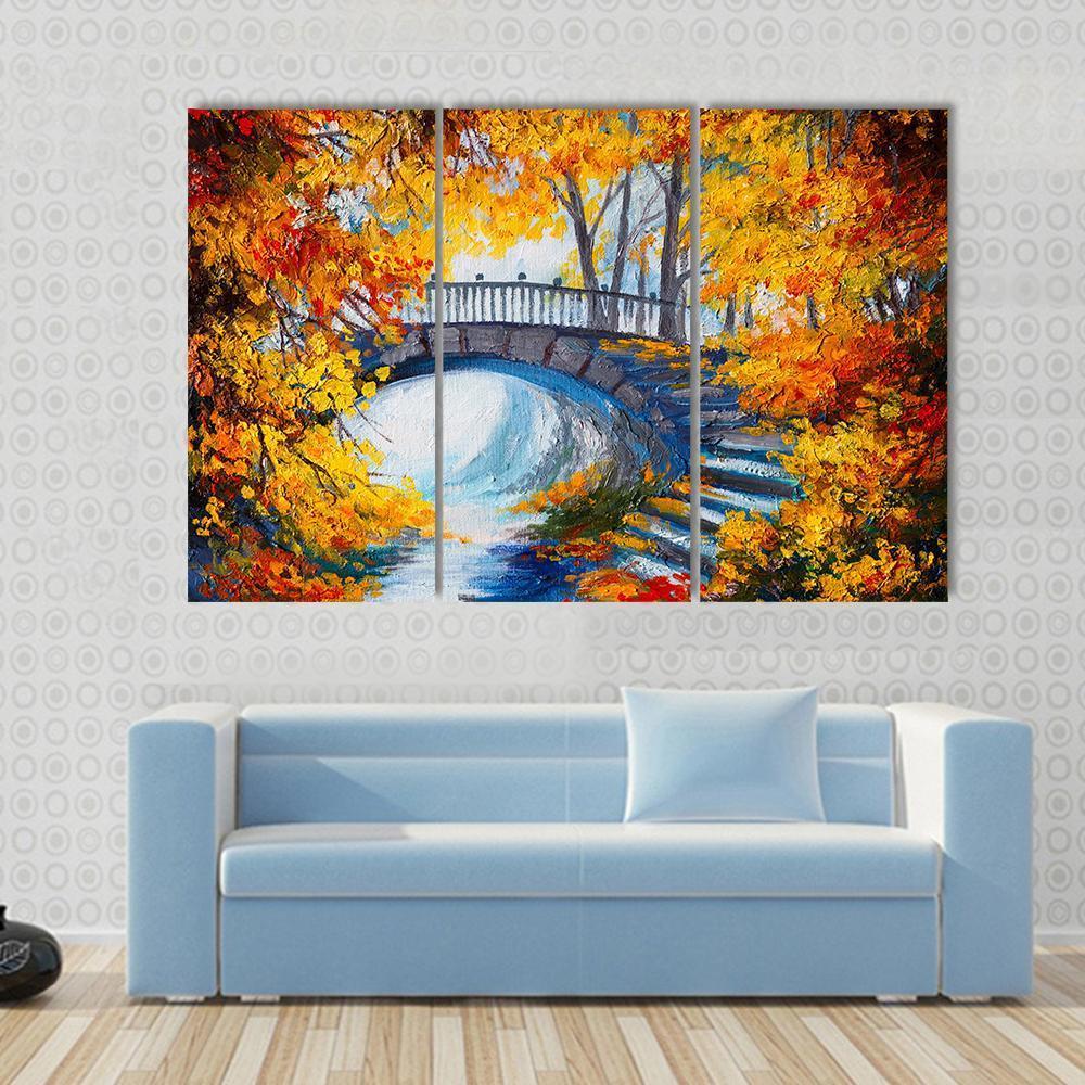 Autumn Forest With Bridge Canvas Wall Art-5 Star-Gallery Wrap-62" x 32"-Tiaracle