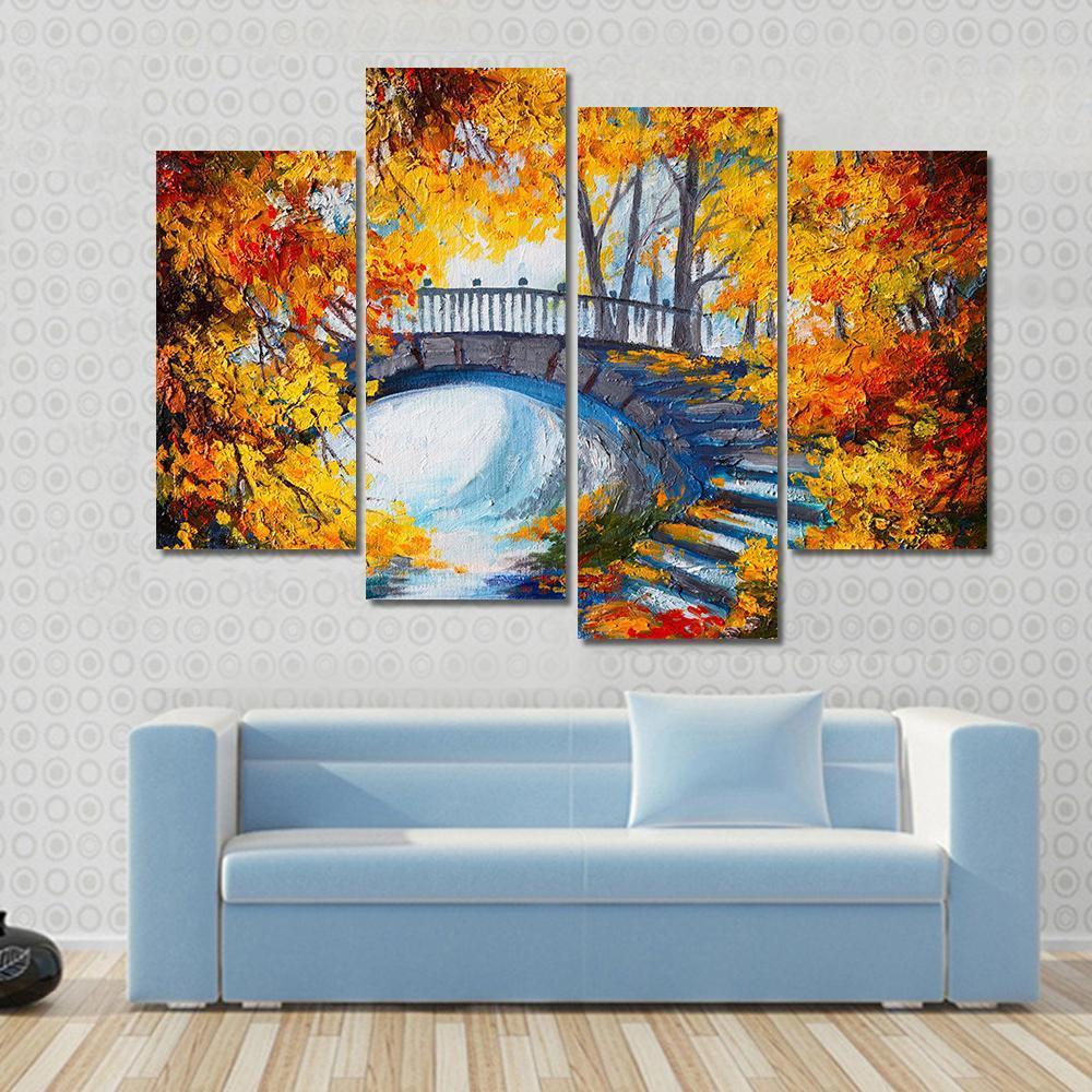 Autumn Forest With Bridge Canvas Wall Art-4 Pop-Gallery Wrap-50&quot; x 32&quot;-Tiaracle
