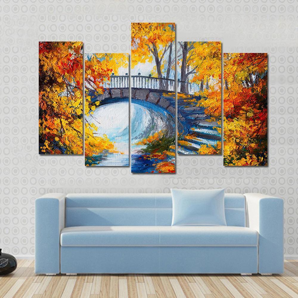Autumn Forest With Bridge Canvas Wall Art-5 Pop-Gallery Wrap-47&quot; x 32&quot;-Tiaracle