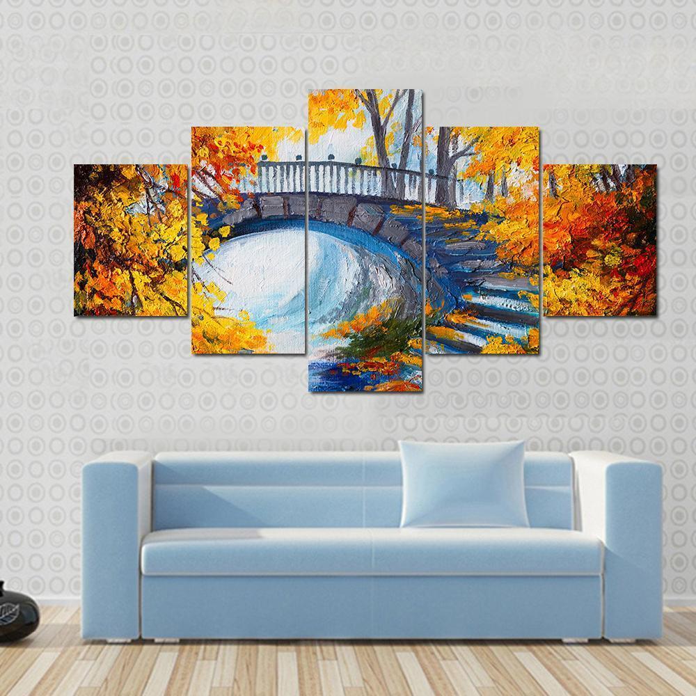 Autumn Forest With Bridge Canvas Wall Art-5 Star-Gallery Wrap-62&quot; x 32&quot;-Tiaracle