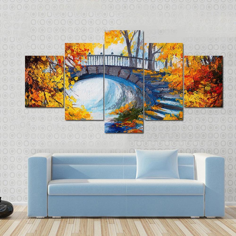 Autumn Forest With Bridge Canvas Wall Art-5 Star-Gallery Wrap-62" x 32"-Tiaracle