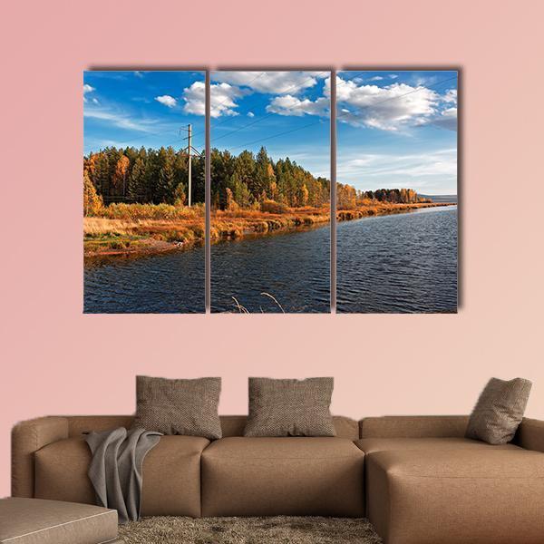 Autumn Forest With Water Canvas Wall Art-4 Pop-Gallery Wrap-50" x 32"-Tiaracle