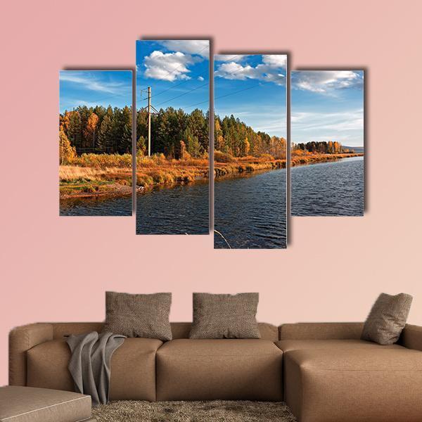 Autumn Forest With Water Canvas Wall Art-4 Pop-Gallery Wrap-50" x 32"-Tiaracle