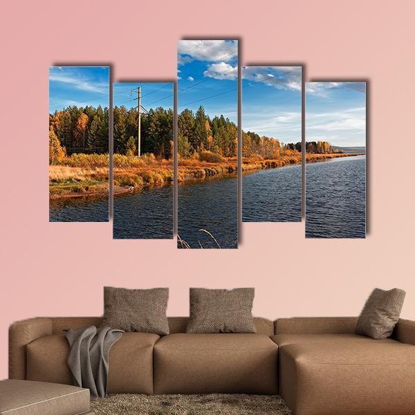 Autumn Forest With Water Canvas Wall Art-5 Pop-Gallery Wrap-47" x 32"-Tiaracle