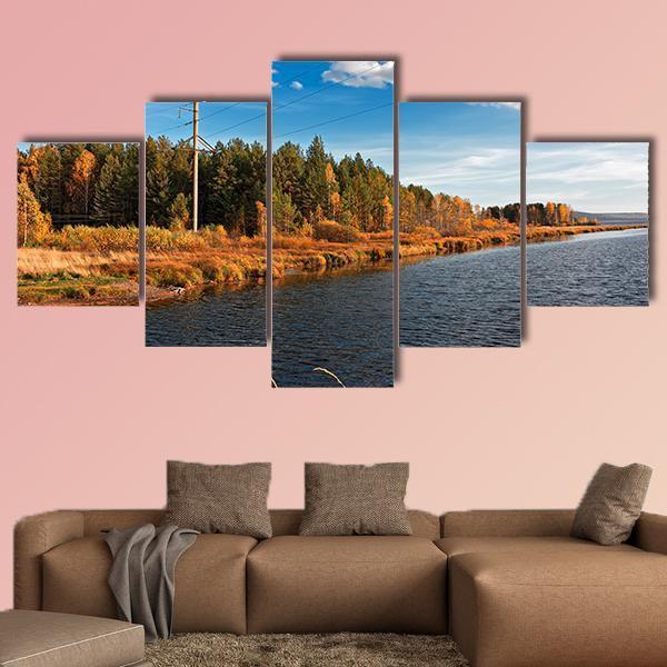 Autumn Forest With Water Canvas Wall Art-5 Star-Gallery Wrap-62" x 32"-Tiaracle