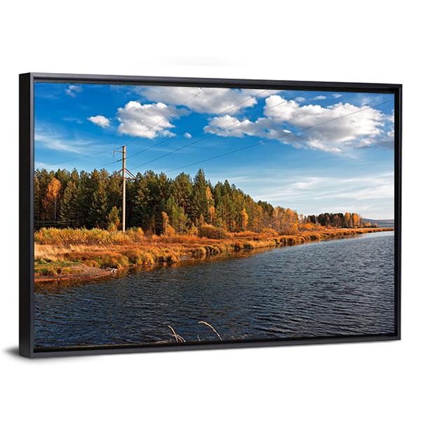 Autumn Forest With Water Canvas Wall Art-3 Horizontal-Gallery Wrap-25" x 16"-Tiaracle