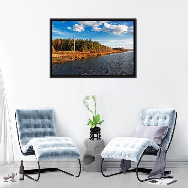 Autumn Forest With Water Canvas Wall Art-3 Horizontal-Gallery Wrap-25" x 16"-Tiaracle