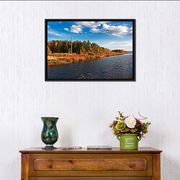 Autumn Forest With Water Canvas Wall Art-1 Piece-Floating Frame-24" x 16"-Tiaracle