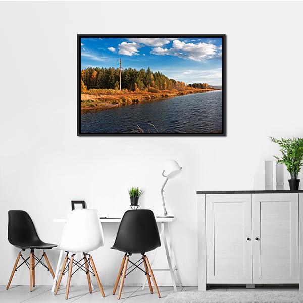 Autumn Forest With Water Canvas Wall Art-3 Horizontal-Gallery Wrap-25" x 16"-Tiaracle