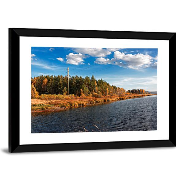 Autumn Forest With Water Canvas Wall Art-3 Horizontal-Gallery Wrap-25" x 16"-Tiaracle