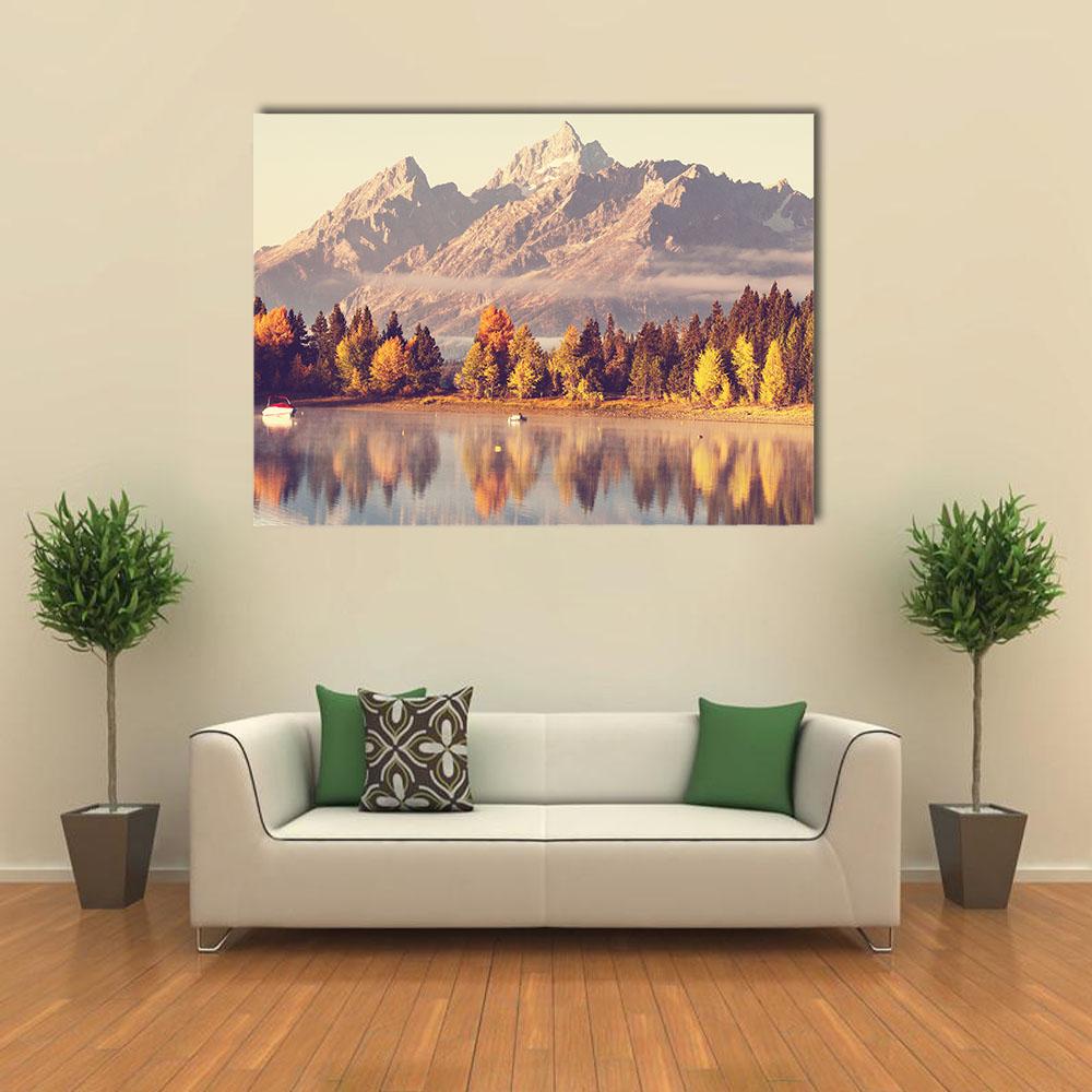 Grand Teton in Autumn Canvas Wall Art in beige, brown and yellow, single panel hung on a wall