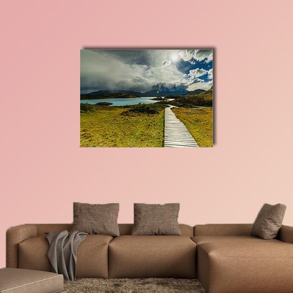 Autumn in Patagonia Canvas Wall Art in gray, green and blue, single panel hung on a wall