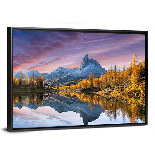 Autumn Lake Federa In Dolomites Canvas Wall Art-5 Horizontal-Gallery Wrap-22" x 12"-Tiaracle