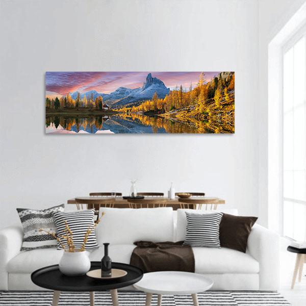 Autumn Lake Federa In Dolomites Panoramic Canvas Wall Art-1 Piece-36" x 12"-Tiaracle