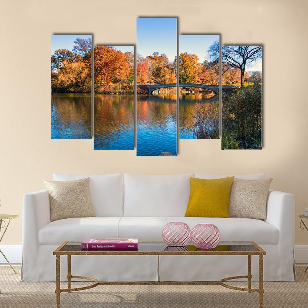 Autumn Lake In New York Canvas Wall Art-5 Pop-Gallery Wrap-47" x 32"-Tiaracle
