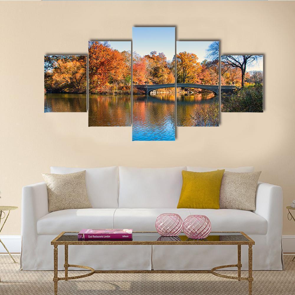 Autumn Lake In New York Canvas Wall Art-5 Star-Gallery Wrap-62" x 32"-Tiaracle