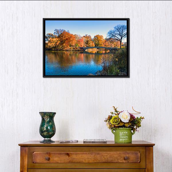Autumn Lake In New York Canvas Wall Art-1 Piece-Floating Frame-24" x 16"-Tiaracle