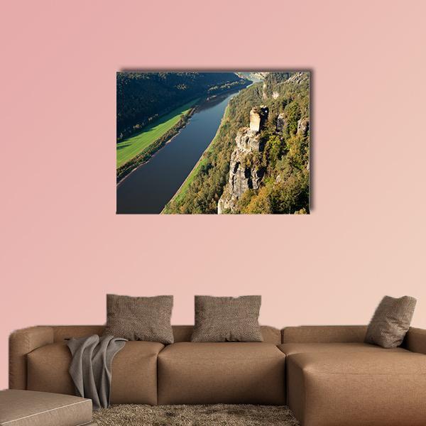 Elbe River in Saxony Canvas Wall Art in brown, green and blue, single panel hung on a wall
