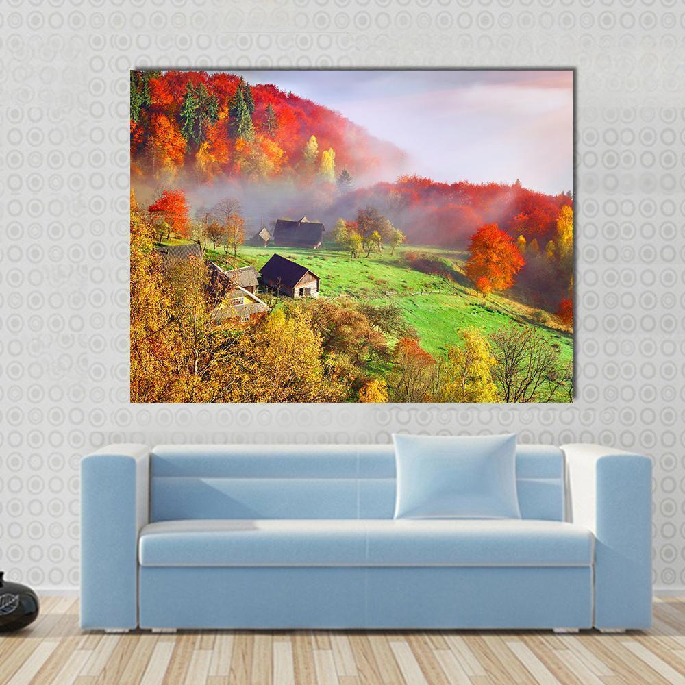 Autumn Landscape in Ukraine Canvas Wall Art in red, orange and green, single panel hung on a wall