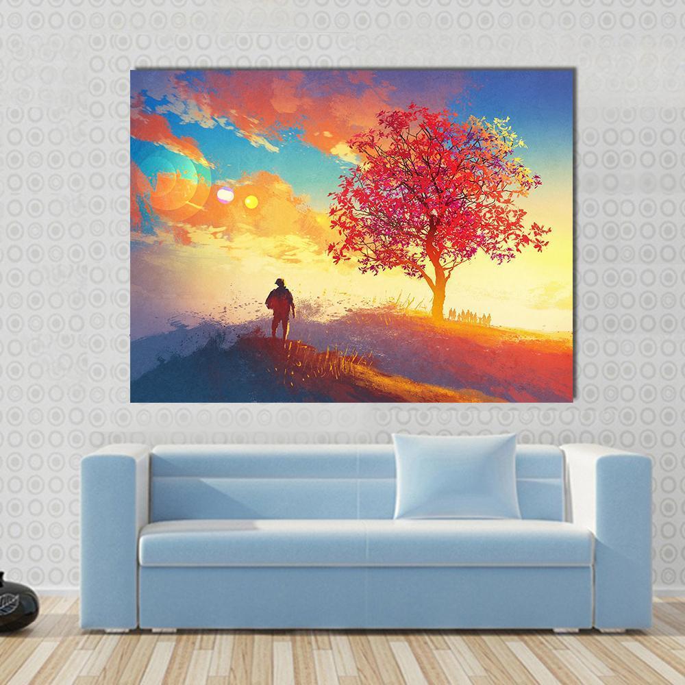 Autumn Landscape with Alone Tree Canvas Wall Art in red, orange and blue, single panel hung on a wall