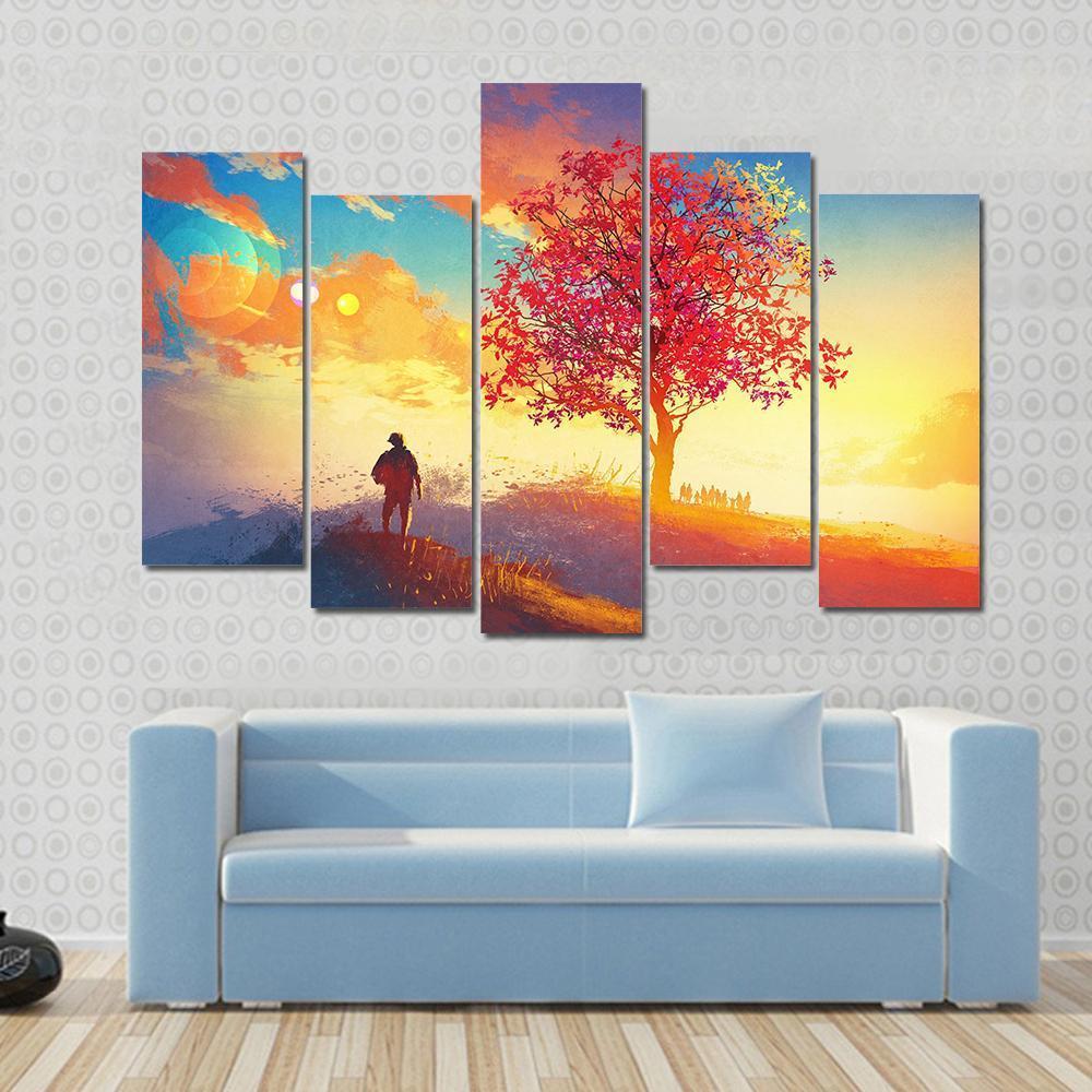 Autumn Landscape With Alone Tree Canvas Wall Art-5 Pop-Gallery Wrap-47&quot; x 32&quot;-Tiaracle