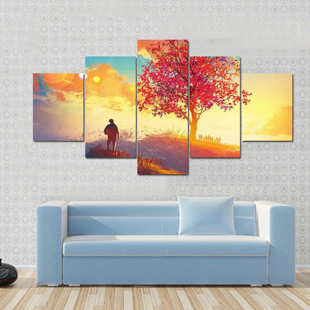 Autumn Landscape With Alone Tree Canvas Wall Art-5 Star-Gallery Wrap-62" x 32"-Tiaracle
