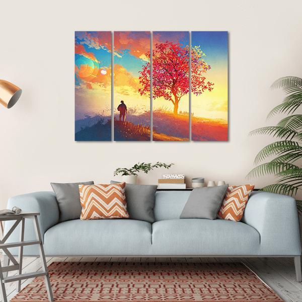 Autumn Landscape With Alone Tree Canvas Wall Art-4 Horizontal-Gallery Wrap-34" x 24"-Tiaracle